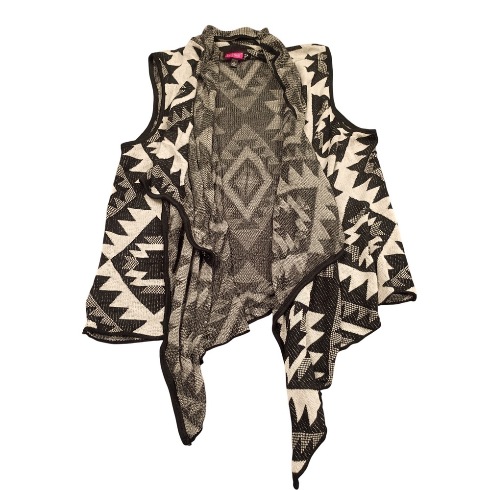 Say What Vest Womens‎ XL Black White Geometric Tribal Open Front Waterfall Boho